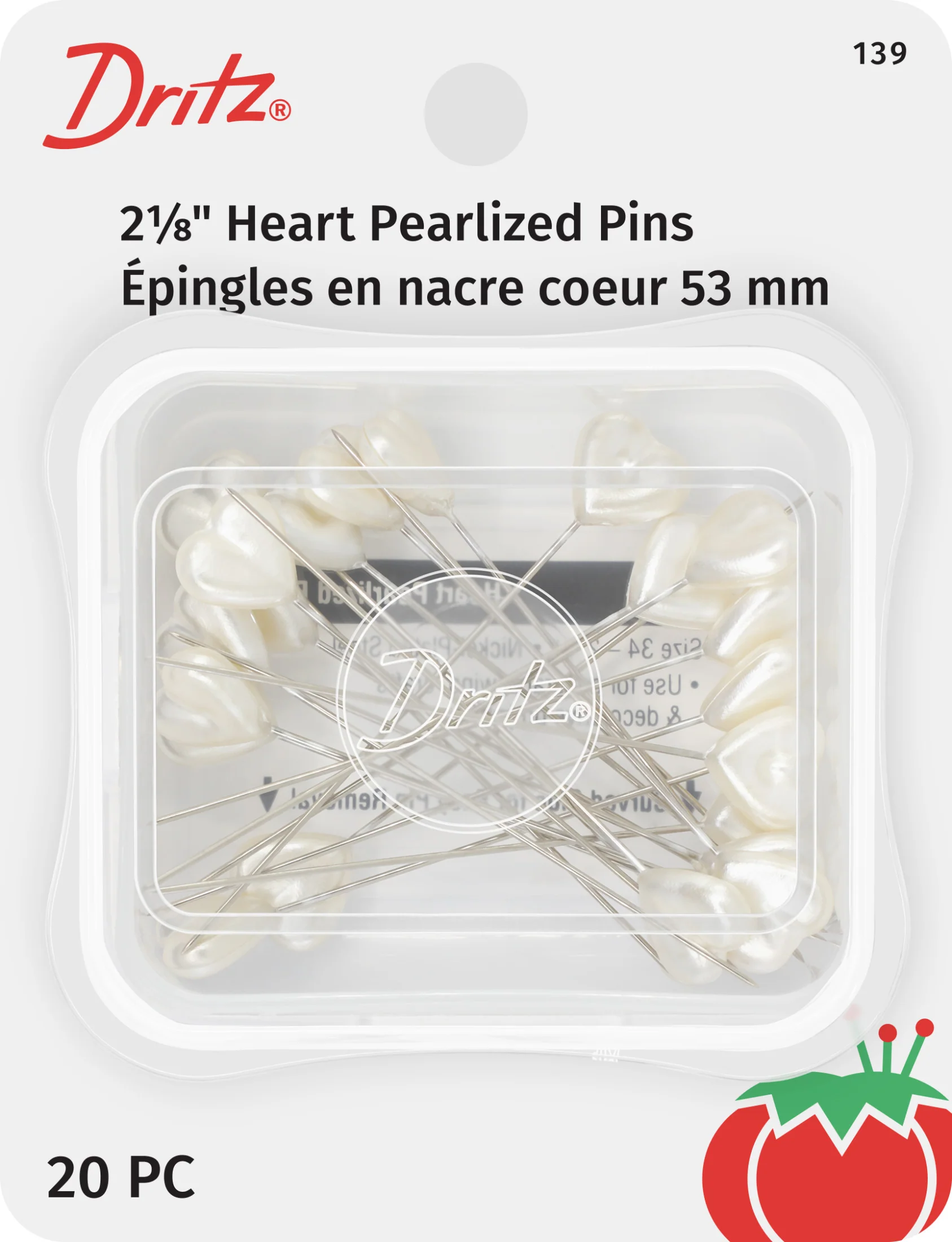 2-1/8" Heart Pearlized Pins, White, 20 pc