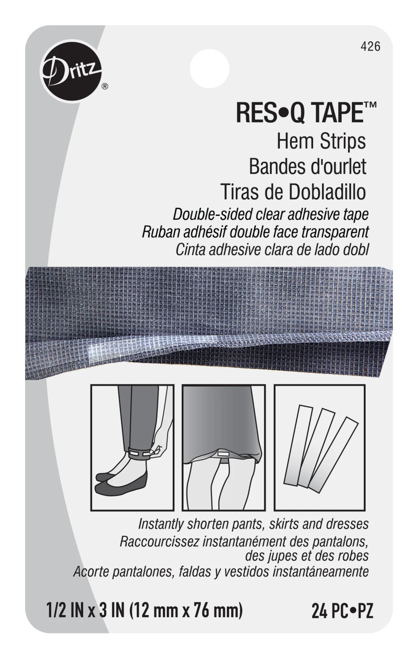 Res-Q-Tape Hem Strips, Double-Sided Adhesive Tape, 1/2" x 3", Clear, 24 pc