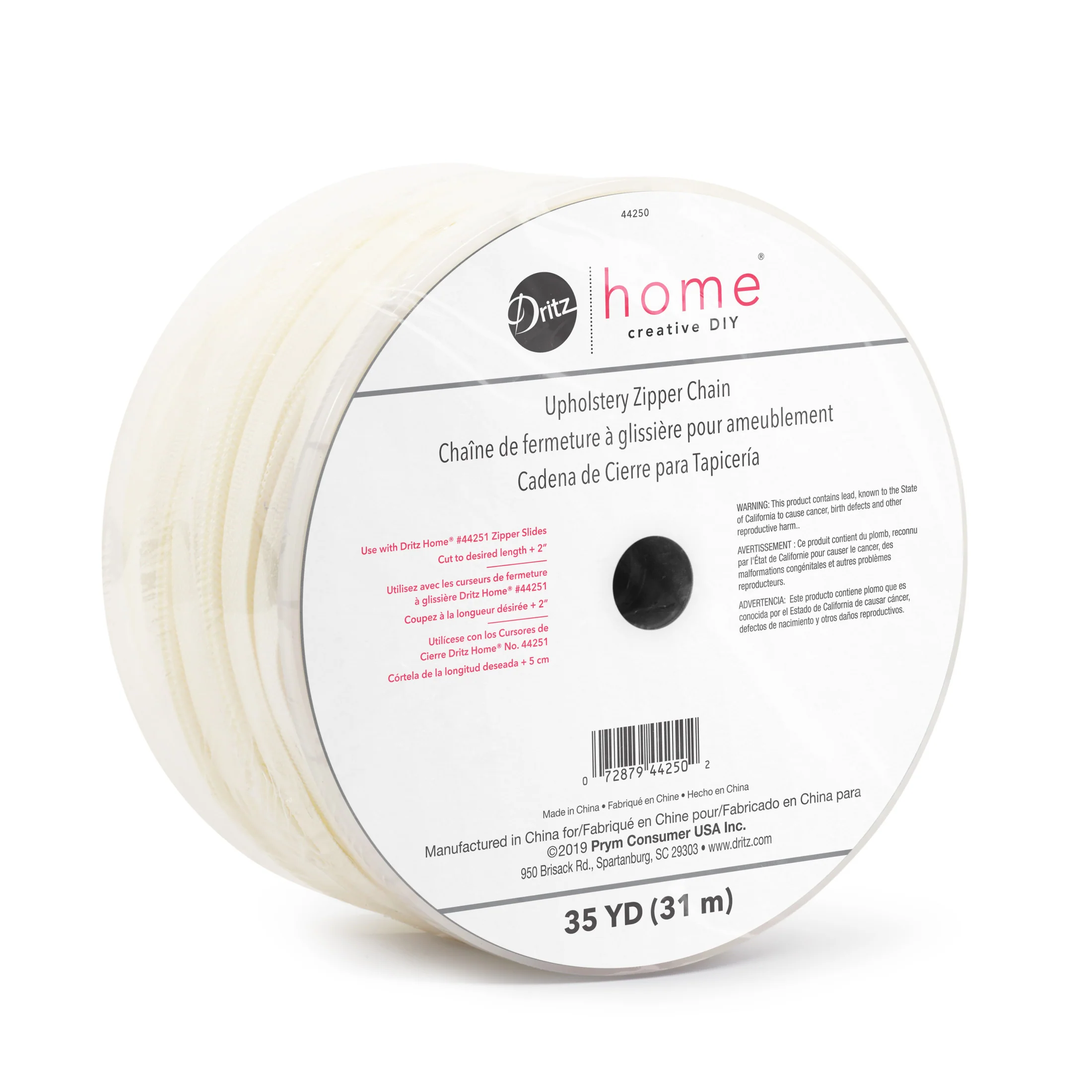 Nylon Upholstery Zipper Chain, Cream, 35 yd